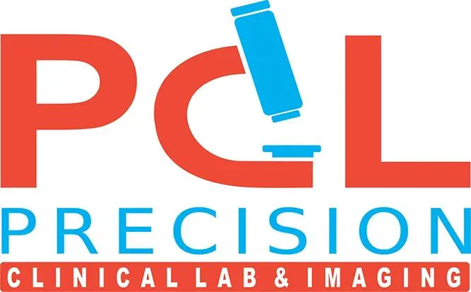 Logo of PCL Precision Clinical Lab & Imaging featuring large red letters "PCL" with a blue microscope icon integrated into the design.