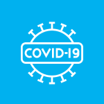 icon (3) White outline of a virus with "COVID-19" in the center on a blue background.