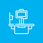 icon Illustration of a desk setup with a computer monitor, keyboard, cup, and plant on a blue background.