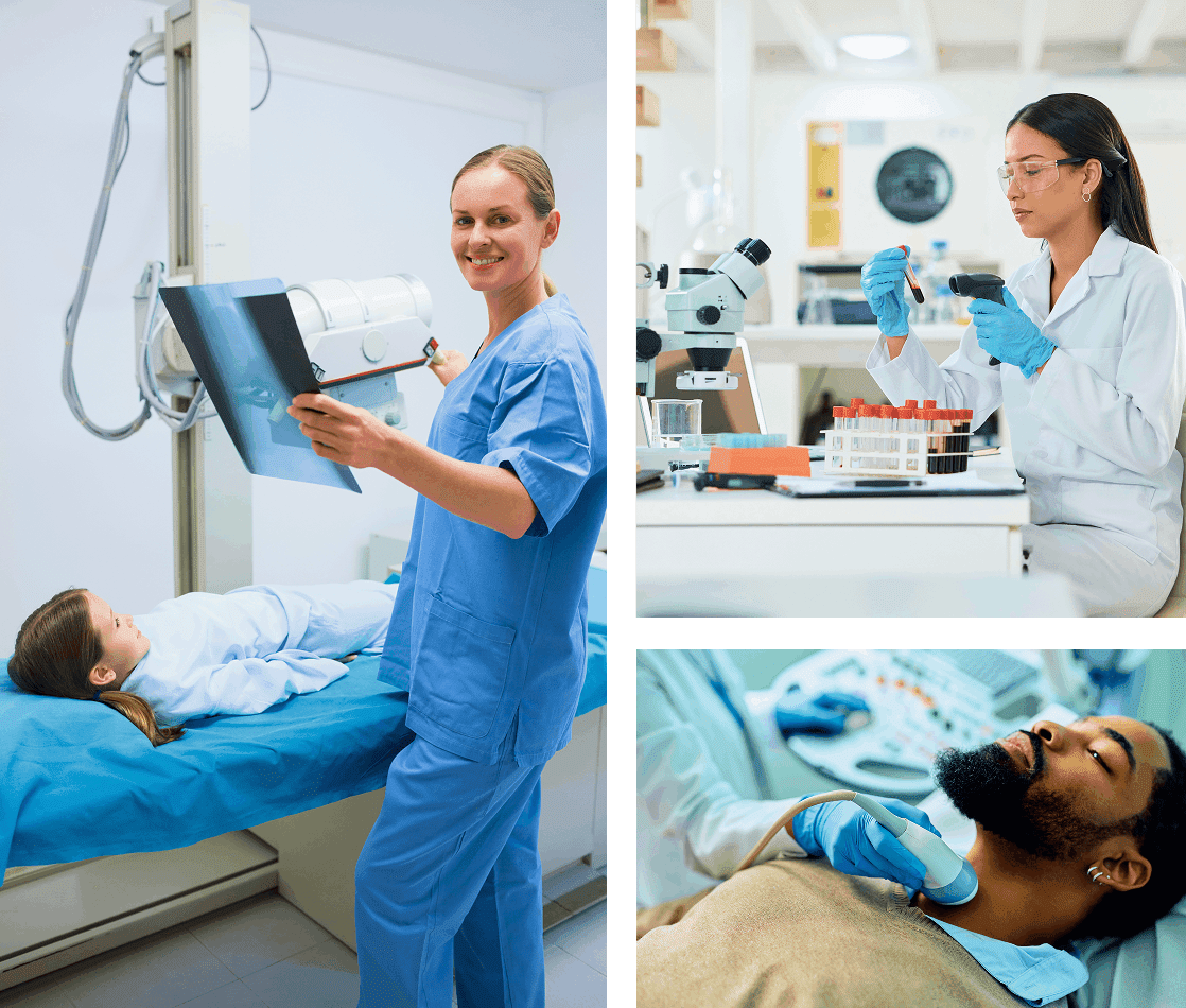 22Group 6 A medical technician holds an x-ray beside a patient; another scientist examines samples; a third uses an ultrasound scanner on a patient's neck.